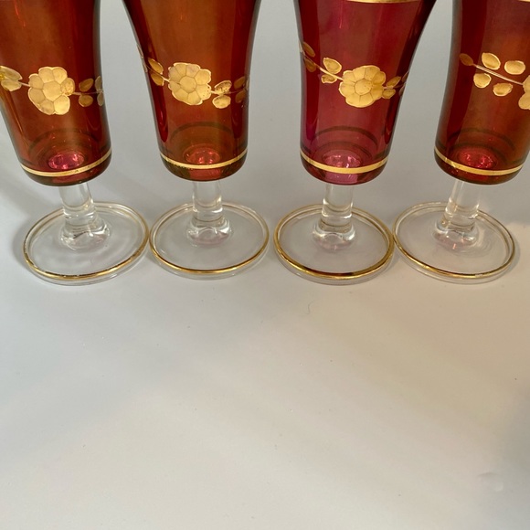 Cranberry Bohemian Czech Shot Glasses with Gold Etching. - Picture 4 of 6